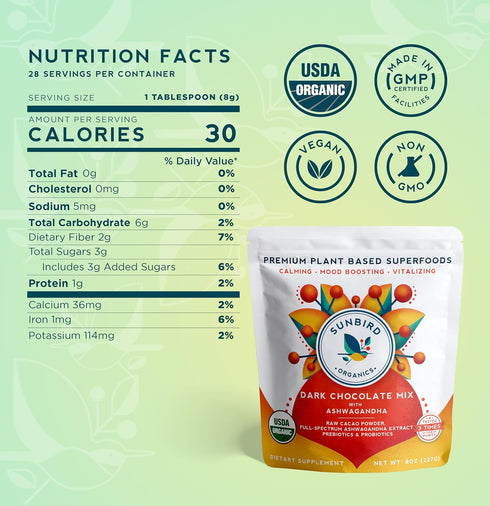 Sunbird Organics Dark Chocolate Ashwagandha Mix- Organic Cacao Powder with Probiotics and Prebiotics-Healthy Hot