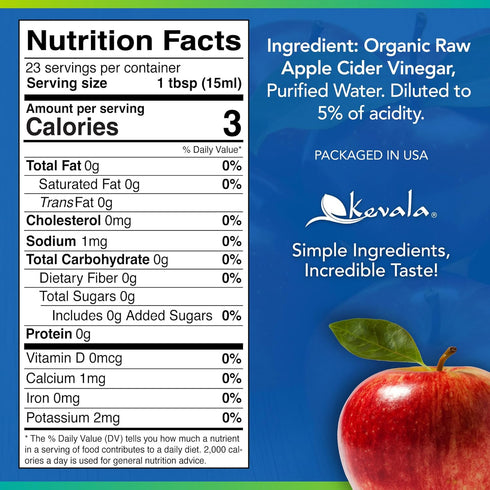 Immune 12 oz Kevala Organic Raw Apple Cider Vinegar - Unfiltered and Unpasteurized Apple Vinegar Perfect for a Salad