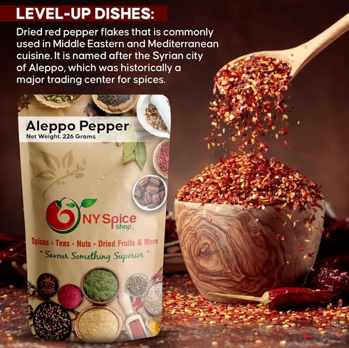 NY SPICE SHOP Aleppo Pepper Flakes - 8 Ounce Crushed Seasoning Spice Flakes - Crushed Turkish Chili Pepper - Middle Eastern and Mediterranean Cuisine - Sweet and Savory Unique Seasoning Blend