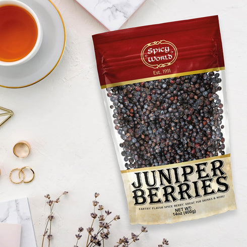 Spicy World 14 Juniper Berries Whole Ounce Bag- Pure - Great for Cooking, Drinks, Tea & More!
