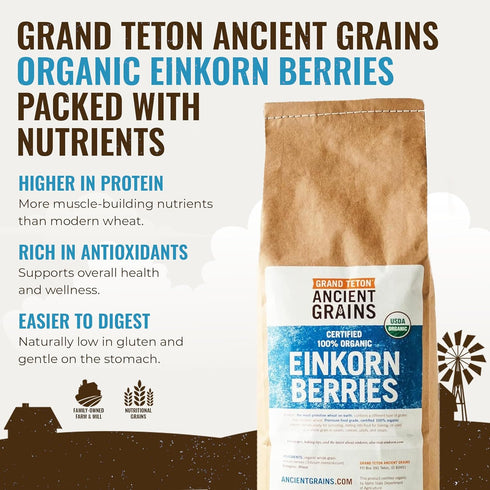 100% 2.5 lbs Grand Teton Ancient Grains - Organic Einkorn Berries, Premium Food-Grade Farro Piccolo, For Milling into