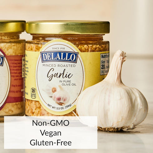 Packed 5 oz (4 Pack) DeLallo Minced Roasted Garlic, in Olive Oil to Preserve Smoky Flavor, Recipe Ready for Pasta