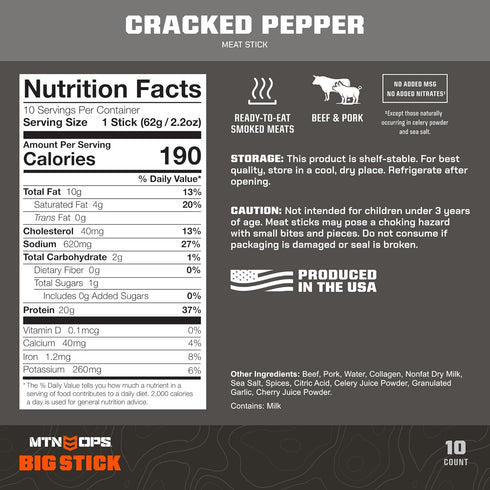 20g 10% 10 Count MTN OPS Big Stick High Protein Meat Sticks - Protein, Collagen - Cracked Pepper Flavor - Individually