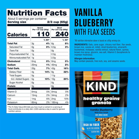 6g 11oz, 6 Count Kind Healthy Grains Granola, Vanilla Blueberry Clusters with Flax Seeds, Gluten Free, Healthy Snack