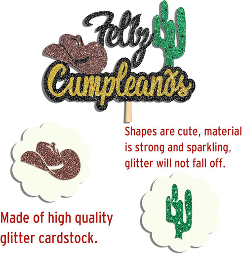 Black Glitter Feliz Cumpleaños Cake Topper, Spanish Happy Birthday Cake Topper for Adults/Teen's Birthday Party