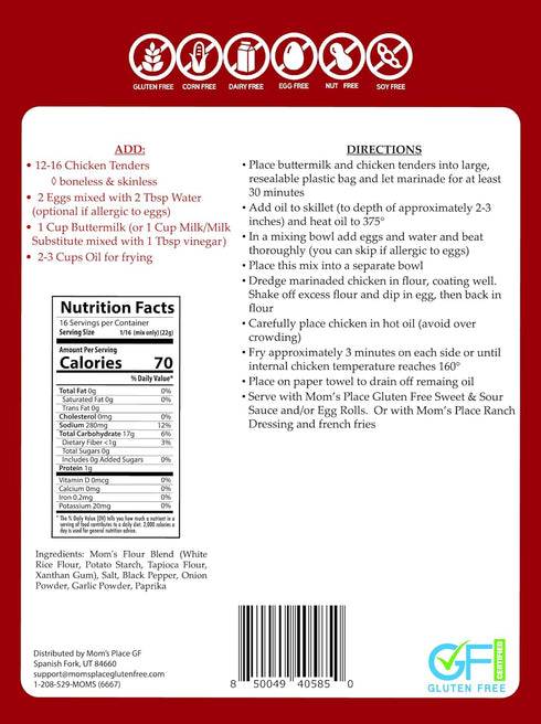 16 12.3 oz Moms Place Gluten Free Crispy Chicken Tender Mix, Vegan & Nut, Dairy, Corn & Soy Free, Servings