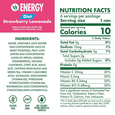 V8 8 oz (6 Pack) Energy Diet Strawberry Lemonade Juice Energy Drink, fl Can