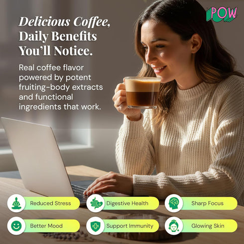 (50 28 POW Wonder Coffee Premium Adaptogenic Mushroom Coffee for Focus & Calm Energy with Lions Mane, Chaga, Reishi