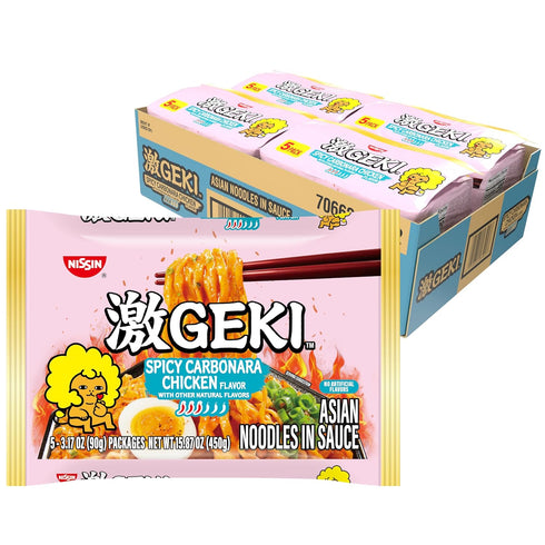 Nissin Geki Chili Infused Asian Noodles, Spicy Carbonara Chicken (Pack of 20)
