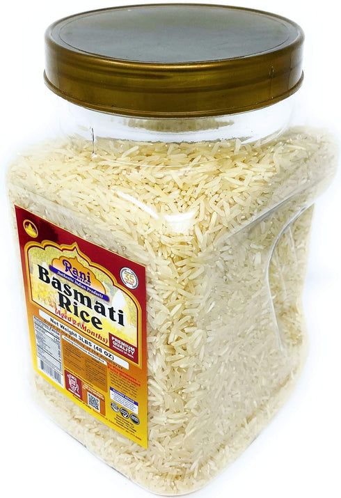 48oz (3lbs) 1.36kg Rani Platinum White Basmati Rice Extra Long Aged PET Jar ~ All Natural | Gluten Friendly | Vegan |