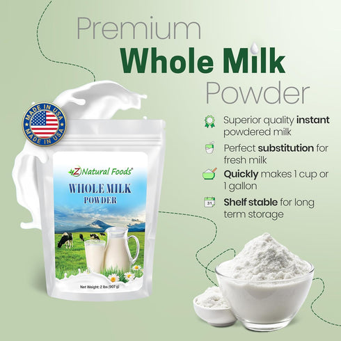 2 lbs Z Natural Foods Premium Whole Milk Powder - Powdered Milk for Baking, Cooking, Drinks - Dry Milk Powder