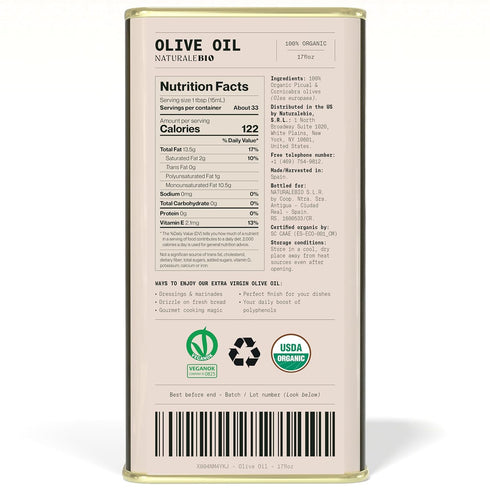 17floz. NaturaleBio Extra Virgin Olive Oil Organically harvested in Spain. D.O.P certified. Premium Cornicabra