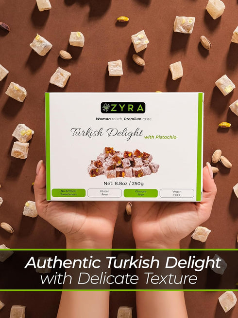 8.8oz ZYRA Turkish Delight with Pistachio - - Woman Owned Brand - Luxury with Roasted Pistachio - Authentic Premium