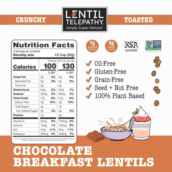 4 oz Lentil Telepathy Chocolate Breakfast Lentils, Crunchy High Protein Cereal & Granola Alternative, Plant Based