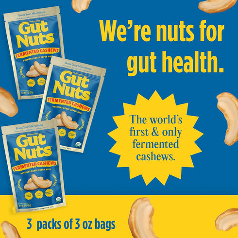 3oz (3 Pack) Gut Nuts - Fermented and Sprouted "Sourdough" Cashews for Gut Health - Tangy, Umami, & Salty Flavors