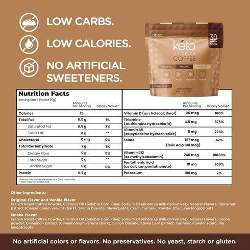 Keto Vitals Instant Keto Coffee Powder - Low-Calorie Sweetened Coffee Packets in Original, Vanilla, & Mocha Flavors -