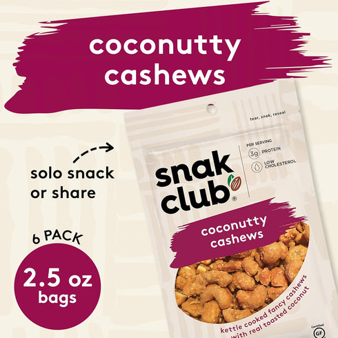 2.5 oz 6 Pack Snak Club Coconutty Cashews, Kettle Cooked Fancy Cashews with Toasted Coconut, Gluten-Free and Kosher