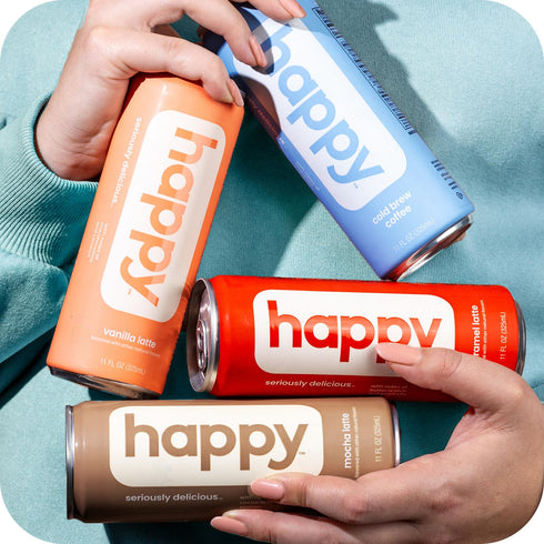 11 oz. 12 pack, 100% happy coffee canned mocha latte, cans, notes of cocoa & elation, arabica beans, no artificial