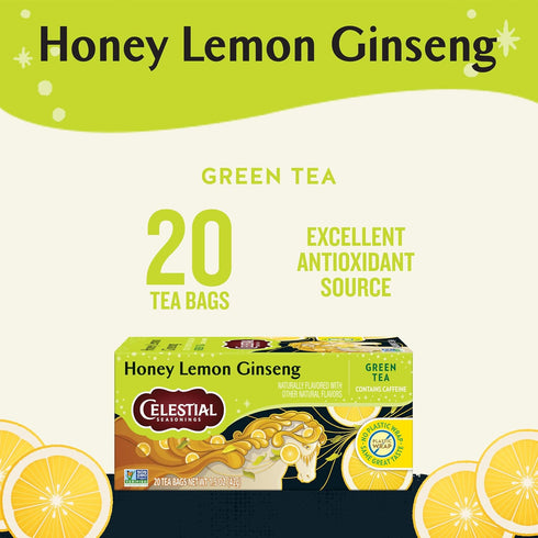 20 (Pack 6) Celestial Seasonings Honey Lemon Ginseng Green Tea, Caffeinated, Tea Bags Box