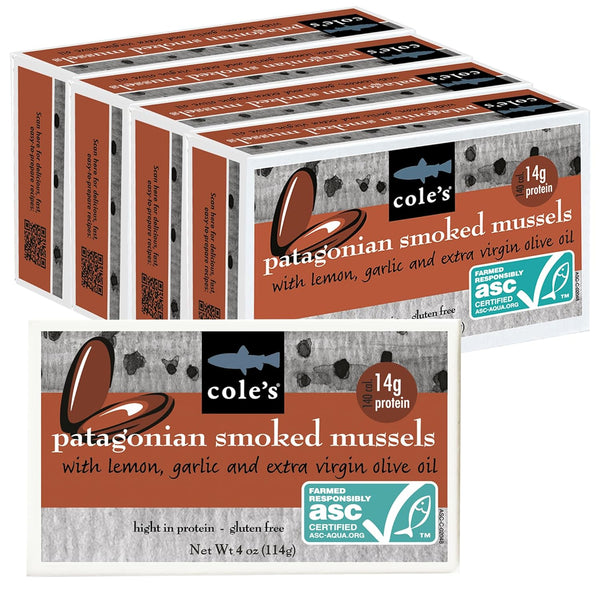 Coles Patagonian Smoked Mussels Canned with Lemon & Garlic in Extra Virgin