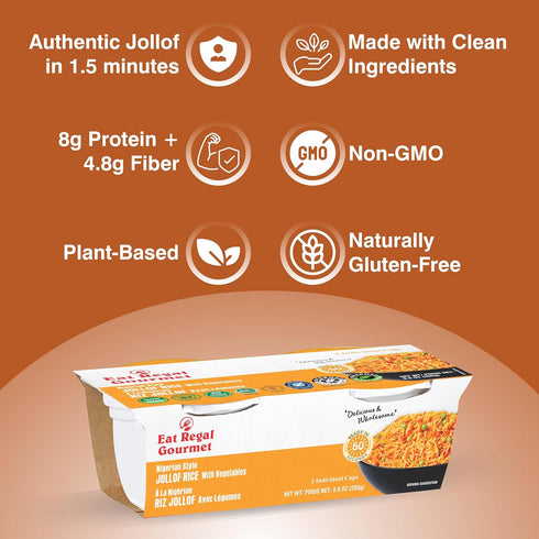 1 8g 4.8g 8.8oz (2 125g), Pack 6 Eat Regal Nigerian Style Jollof Rice Cups with Vegetables, Bold Tomato Flavor, Fluffy