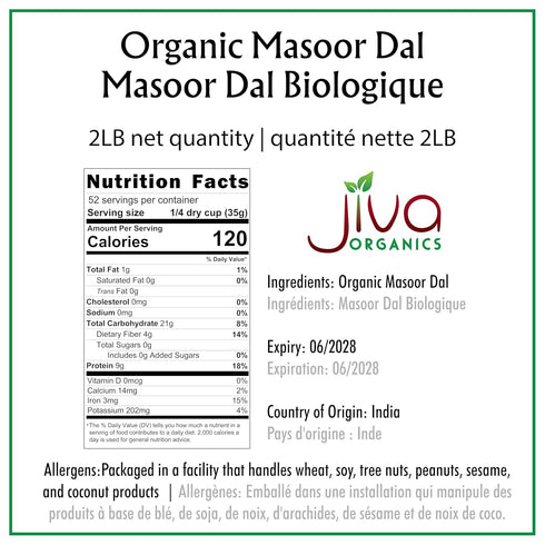 2 Jiva Organics Organic Masoor Dal Pound Bag (Split Red Lentils) - Non-GMO, Pure & Natural