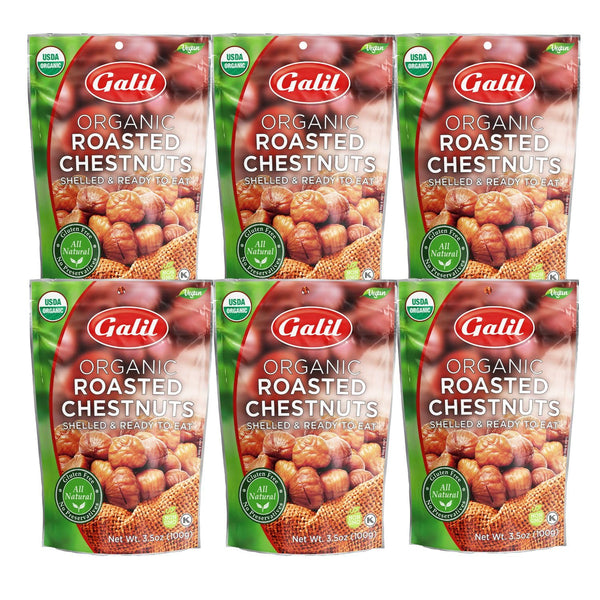 Galil Organic Roasted Chestnuts, Pack of 6, 3.5 oz Bags, Shelled Chestnut,