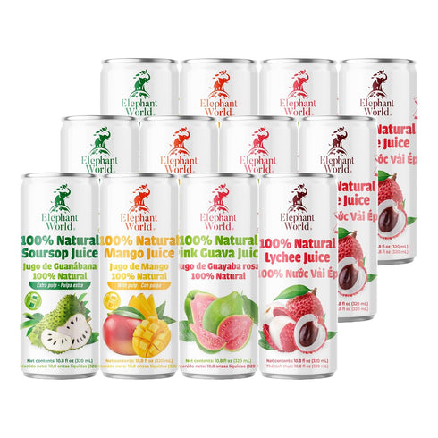 ELEPHANT WORLD 100% 12 Pack, 320 ML Natural Juices | Assorted Superfruits | Soursop-Mango-Guava-Lychee | NO Sugar added