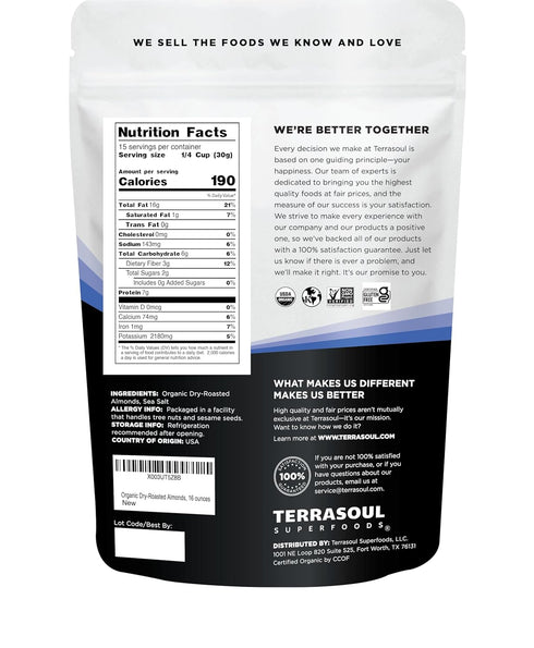 16oz Terrasoul Superfoods Organic Dry-Roasted & Lightly Salted Almonds, Resealable Pouch - Perfect for Snacking