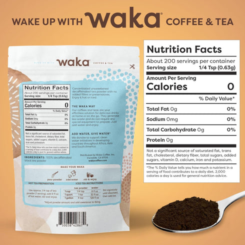 100% 50 200 (4.5oz) Waka Instant Black Tea Mix Pouch, Decaffeinated - Tea Leaves, No Additives, Unsweetened Tea Powder