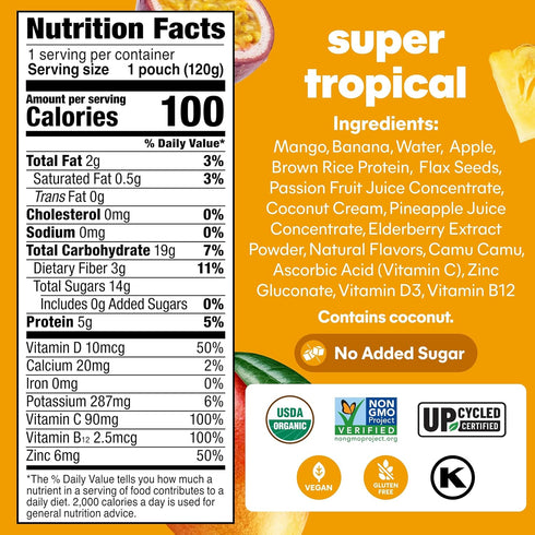 Immune 4.22 oz (Pack 6) Noka Superfood Fruit Smoothie Pouches with Support, Super Tropical, Healthy Snacks with Vitamin