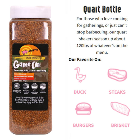 120lbs Dizzy Pig Game On! Wild Game Gourmet Seasoning Rub (Quart Shaker) - Seasons Around of Food - Hand Made in the