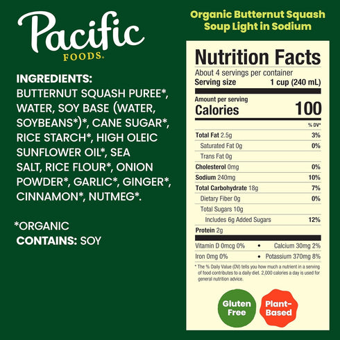 32 oz Pacific Foods Light in Sodium Organic Butternut Squash Soup, Carton