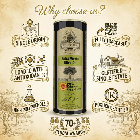 16.9 Oz Ellora Farms, Certified Extra Virgin Olive Oil, Single Estate PDO Crete, Traceable Greek EVOO Greece, High