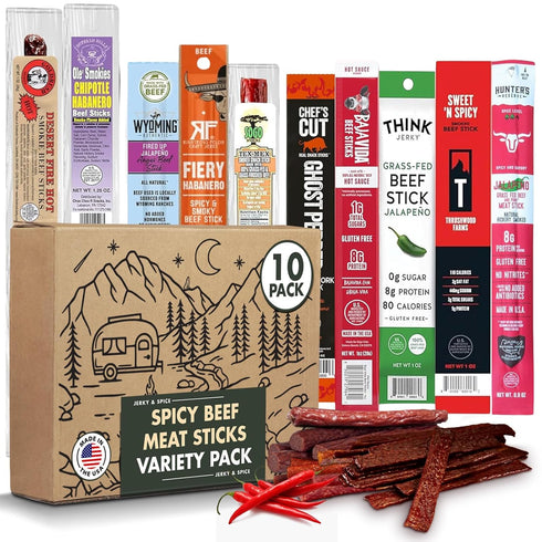 Jerky-n-Spice Premium Spicy Meat Sticks Gift Box (10 Count) | Beef Sticks