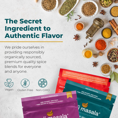moji masala Indian Spice Kits – Palak Masala, Gobi Masala, Aloo Rasedar Spice Blend – Mixes for Authentic Indian Food at Home – Variety of Seasonings Sets – 3-Packs Serve 10-12