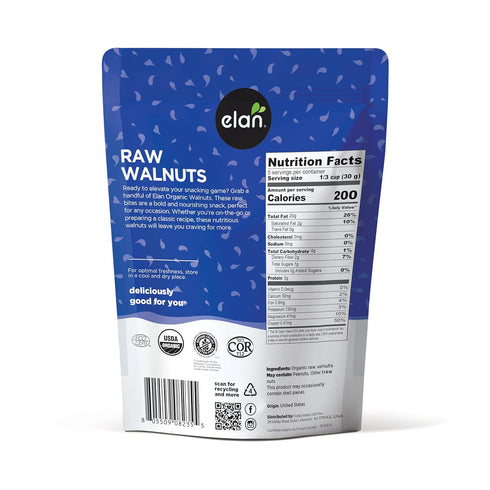 5.3 oz, Elan Organic Walnuts, Raw Nuts, Unsalted, Unroasted, No Shell, Non-GMO, Vegan, Gluten-Free, Kosher, Healthy