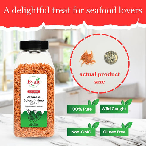 4 Oz, Byait Dried Japanese Sakura Shrimp Wild-Caught Baby Shrimp for Ramen Toppings, Seafood Soups, and Gourmet