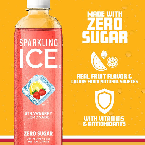 17 oz (Pack 12) Sparkling Ice, Strawberry Lemonade Sparkling Water, Zero Sugar Flavored Water, with Vitamins