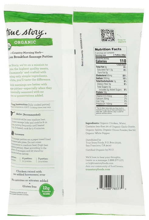 True Story Foods Country 12 OZ Organic Morning Chicken Breakfast Patties