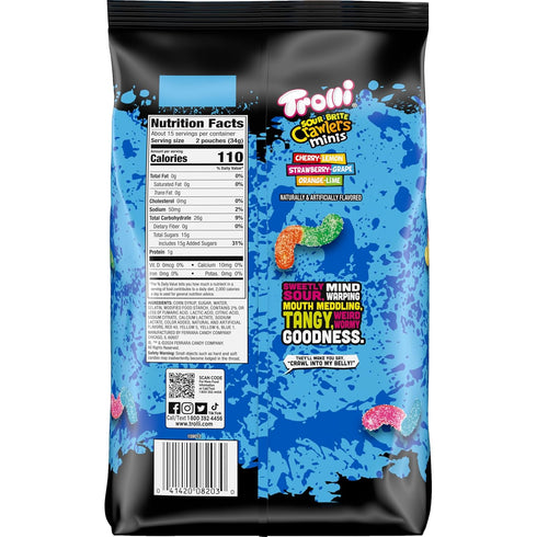 Gummy 18 oz (30 Trolli Mini Sour Brite Crawlers Candy, Cherry-Lemon, Strawberry-Grape & Orange-Lime, Sweet and Sour