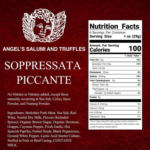 5.5oz Angel's Salumi Soppressata Piccante Gourmet Artisanal Charcuterie Humanely Raised, Vegetarian Fed, No Added