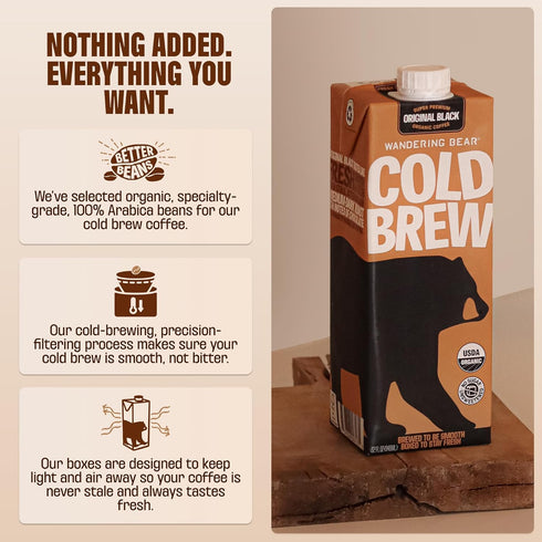 21 32 fl.oz Wandering Bear Organic Unsweetened Extra Strong Cold Brew in a Box - Make Your Own Iced Coffee Drink