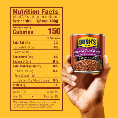 16 oz (Pack 12) BUSH'S BEST Canned Maple Cured Bacon Baked Beans Source of Protein and Fiber, Low Fat, Gluten Free