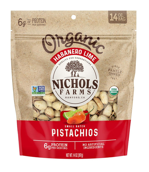 Nichols Farms Organic InShell California Pistachios, Healthy Protein Snack, Habanero Lime, 14oz