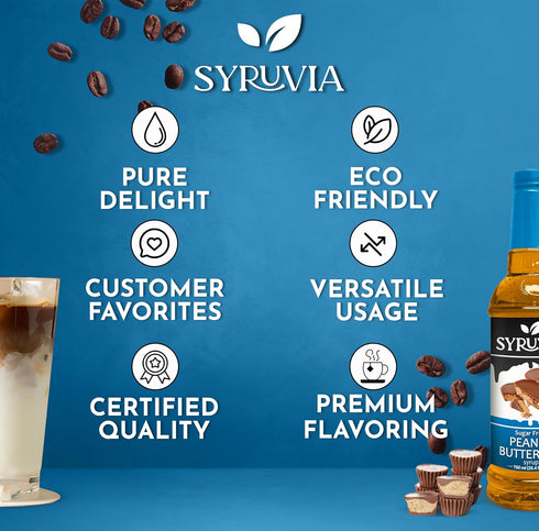 25.4 oz, Syruvia Sugar Free Coffee Syrup, Peanut Butter Cup Flavored Syrup for Drinks, Lattes, and Desserts fl