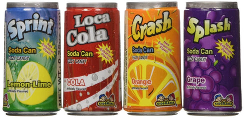 Kidsmania Fizzy Candy Pack: 0.25 72-Pack Kidsmania Soda Can Fizz Candy Variety Sprint Lemon Lime, Loca Cola, Crash