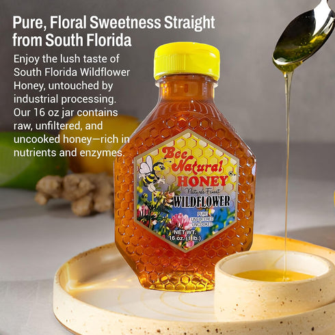 (16 Bee Natural South Florida Wildflower Honey - Natural, Pure, Unfiltered and Uncooked Honey | Kosher Certified |