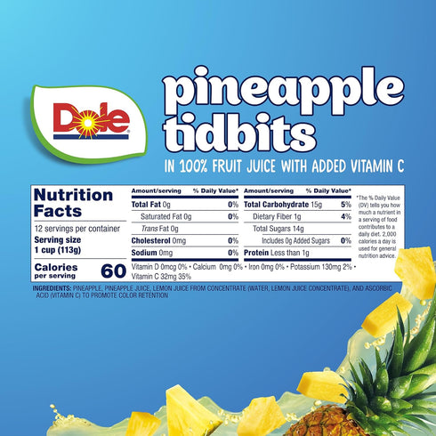 100% 4 oz 12 Pack Dole Pineapple Tidbits in Juice - Dole Fruit Bowls Snacks - Fruit Bowls