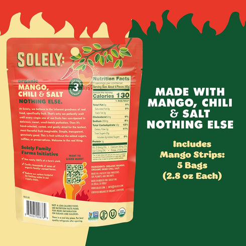 (2.8 oz Pack 5) 5 (14 oz) SOLELY - Organic Dried Mango Strips with Chili and Salt Resealable Bags, of Real Fresh Fruit